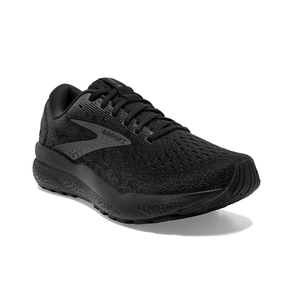 The Brooks Ghost 16 in Black/Black/Ebony for women, featuring a low-top design and mesh fabric with a lace-up closure, offers a comfortable fit and lightweight cushioning for optimal performance.