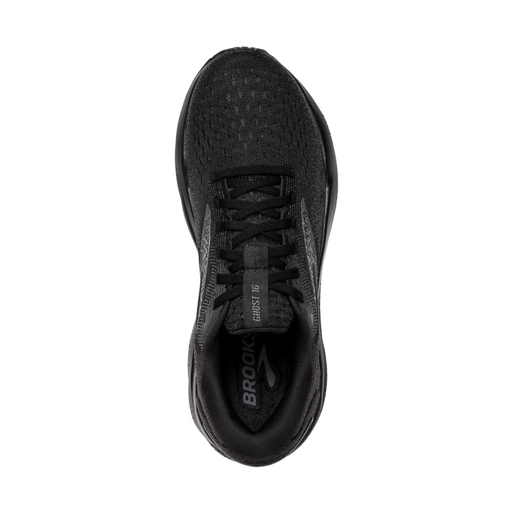 Top view of a black Brooks running shoe with the label &quot;Ghost 16&quot; visible on the tongue, showcasing its comfortable fit and lightweight cushioning, from the BROOKS GHOST 16 BLACK/BLACK/EBONY - WOMENS collection.