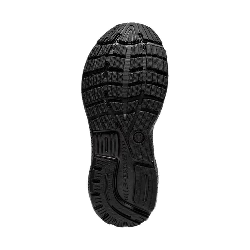 A close-up of the Brooks Ghost 16 Black/Black/Ebony women&#39;s athletic shoe sole reveals a black, textured rubber tread with various patterns and grooves for traction, complemented by lightweight cushioning for a comfortable fit.