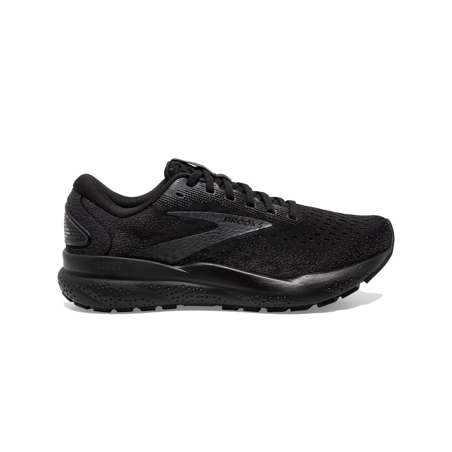 Experience lightweight cushioning in the women&#39;s Ghost 16 by Brooks for an unparalleled running experience. This black athletic running shoe features a mesh upper, padded collar, and cushioned sole. It has a lace-up closure on the tongue for a comfortable fit, with the brand name visible on the side.