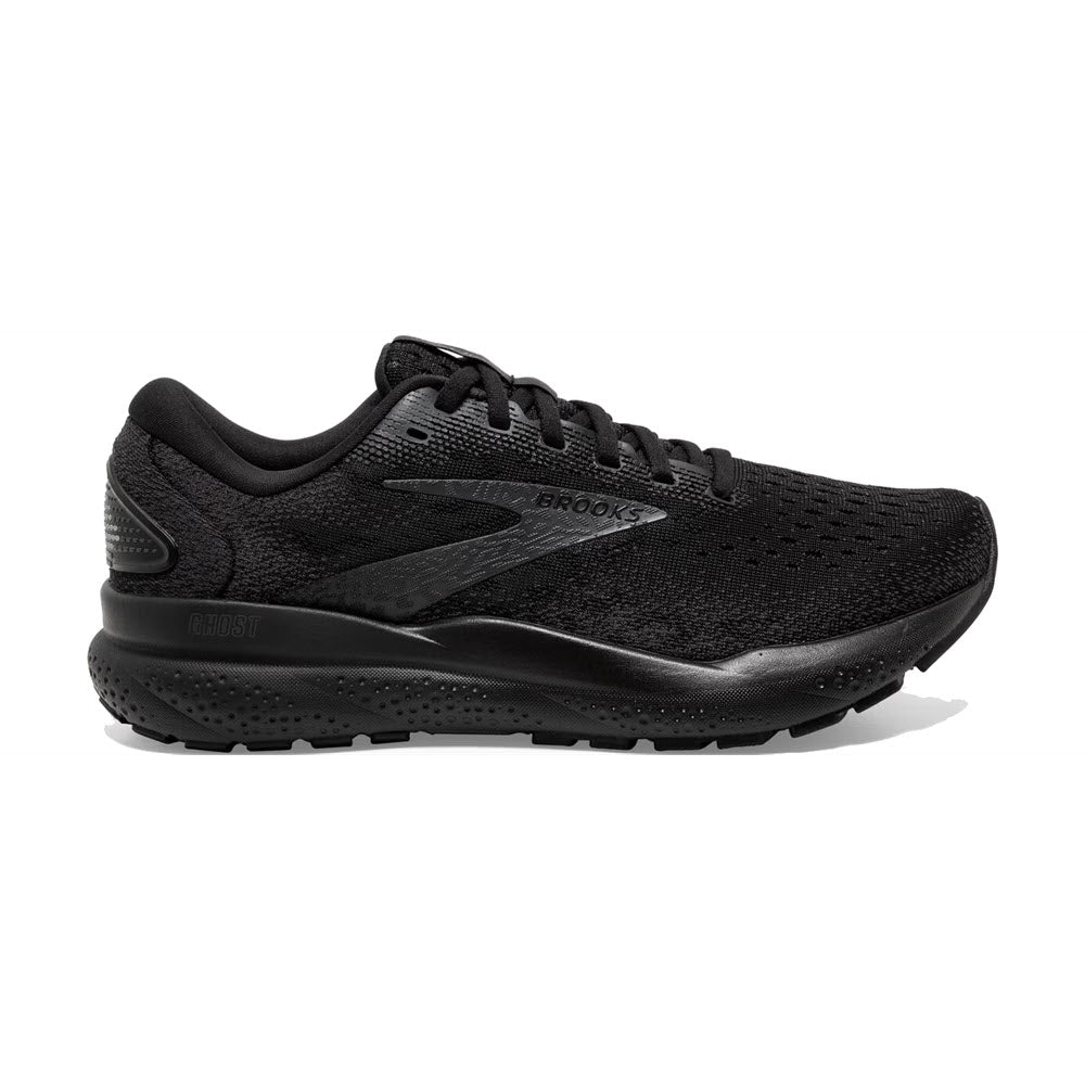 The Brooks Ghost 16 Black/Black/Ebony men's athletic running shoe features a black mesh upper, lace-up closure, and soft, reliable cushioning for a secure fit.