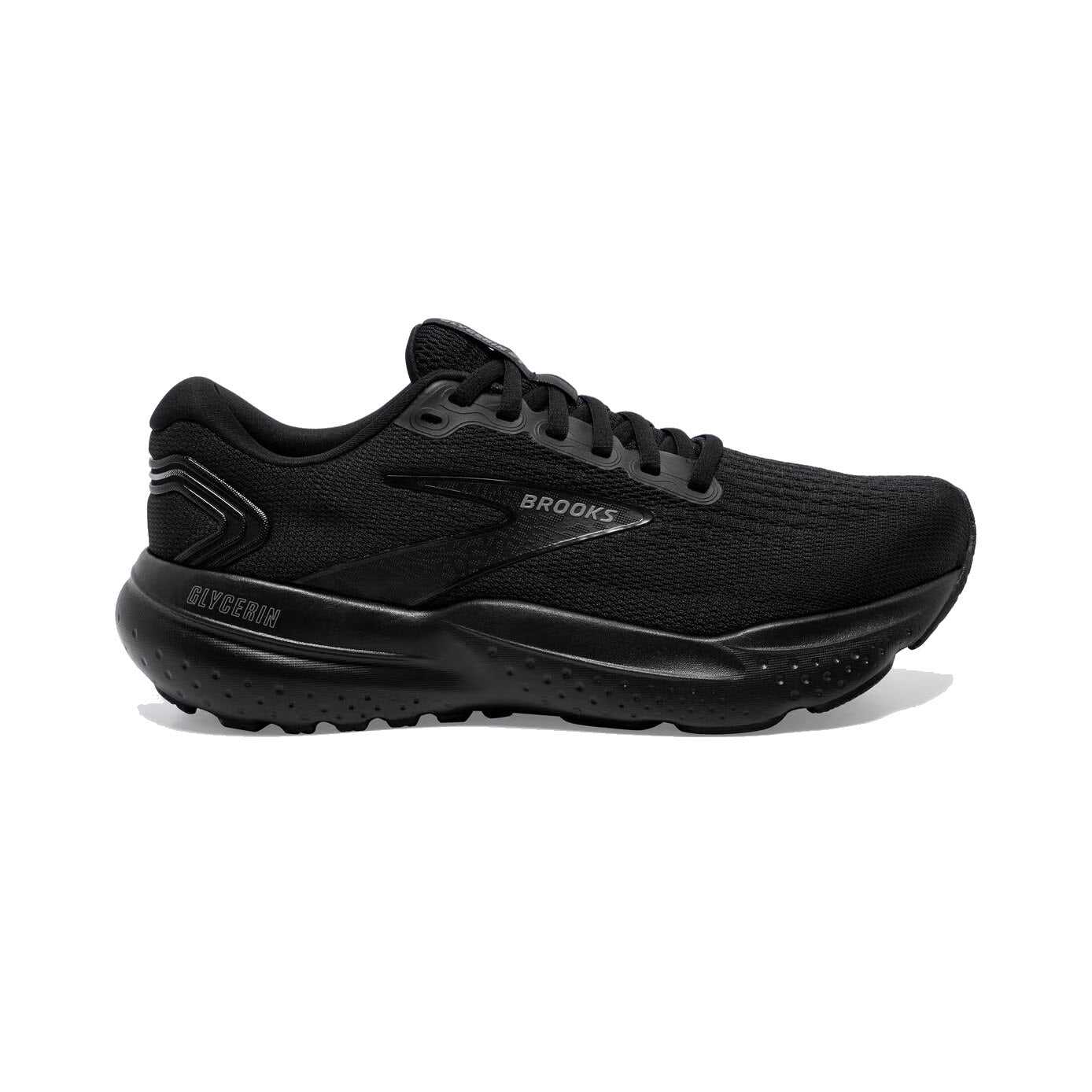 BROOKS GLYCERIN 21 BLACK/BLACK/EBONY - WOMENS with laces and a thick, cushioned sole featuring DNA LOFT v3 cushioning for a plush ride. Branding on the side reads "Brooks".