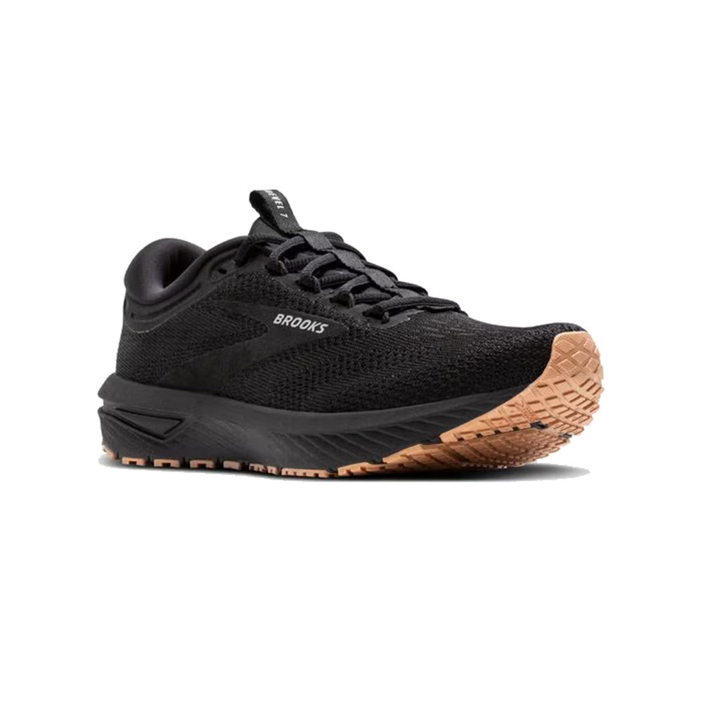 The BROOKS REVEL 7 BLACK/BLACK - WOMENS running shoes by Brooks feature a brown rubber sole and a white &quot;Brooks&quot; logo on the side. These athletic shoes offer adaptable cushioning for unmatched comfort, making them perfect for running or casual wear.