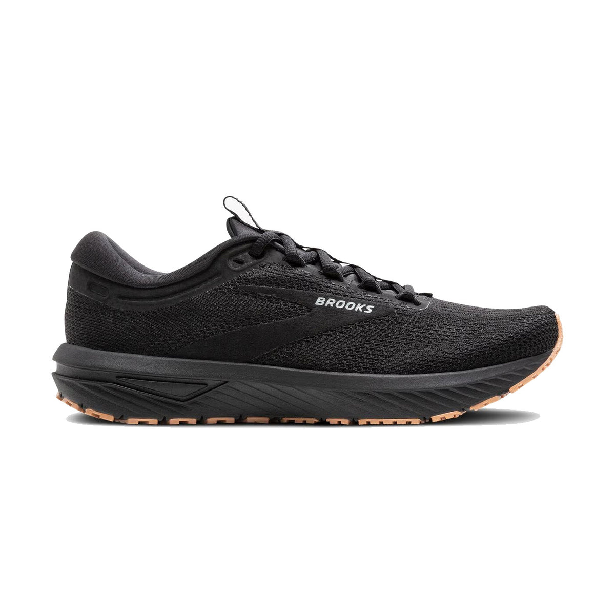 Side view of the Brooks Revel 7 Black/Black Women&#39;s running shoe, featuring comfortable and adaptable cushioning, a textured sole, and a lace-up design.