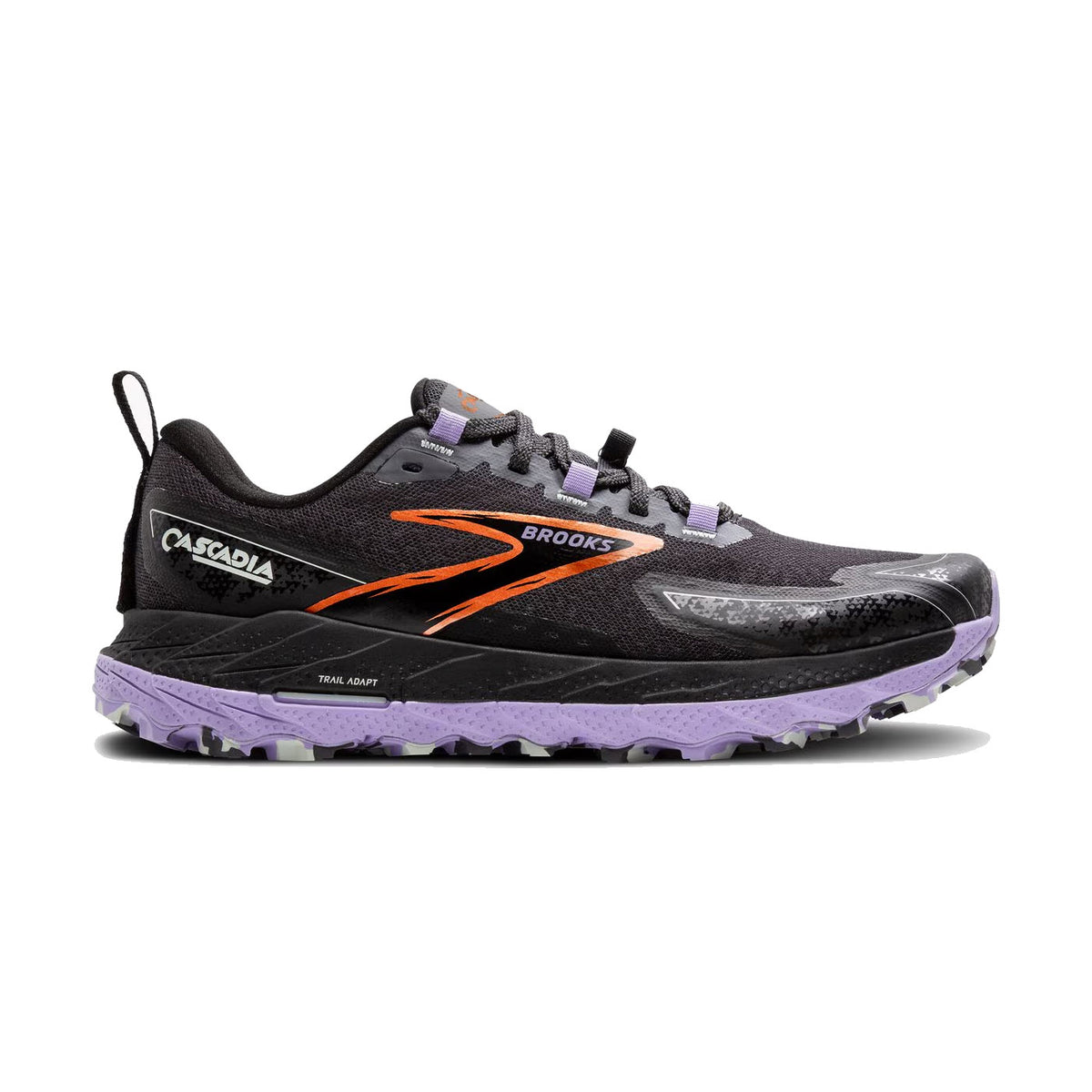 The women&#39;s BROOKS CASCADIA 18 in Ebony, Sweet Lavender, and Copper by Brooks is a trail-running shoe designed for rugged terrain, featuring sticky traction and superior cushioning for a durable sole.