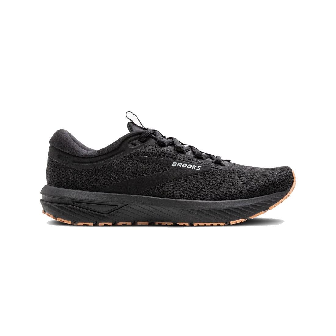 A Brooks Revel 7 Black/Black fitness running shoe for men with adaptable cushioning, a textured rubber sole, and a subtle logo on the side, viewed from the side against a white background.