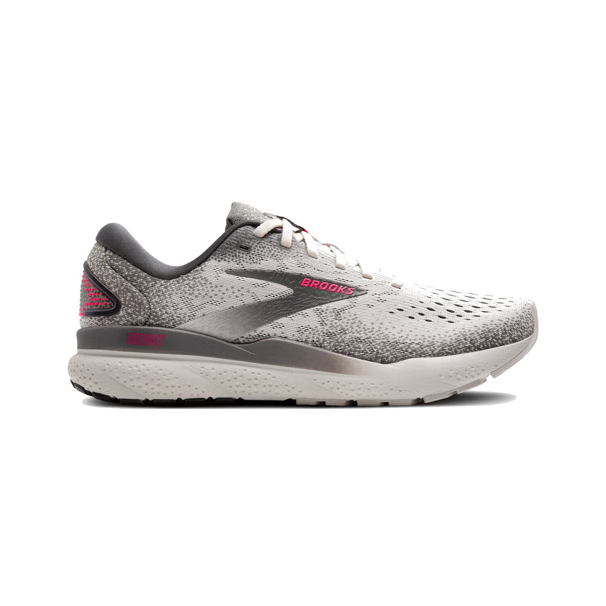 Side view of the BROOKS GHOST 16 women&#39;s athletic shoe in Grey/Gargoyle/Pink, showcasing a red &quot;Brooks&quot; logo on the side. The shoe features a gray and white sole designed for lightweight cushioning and a comfortable fit.