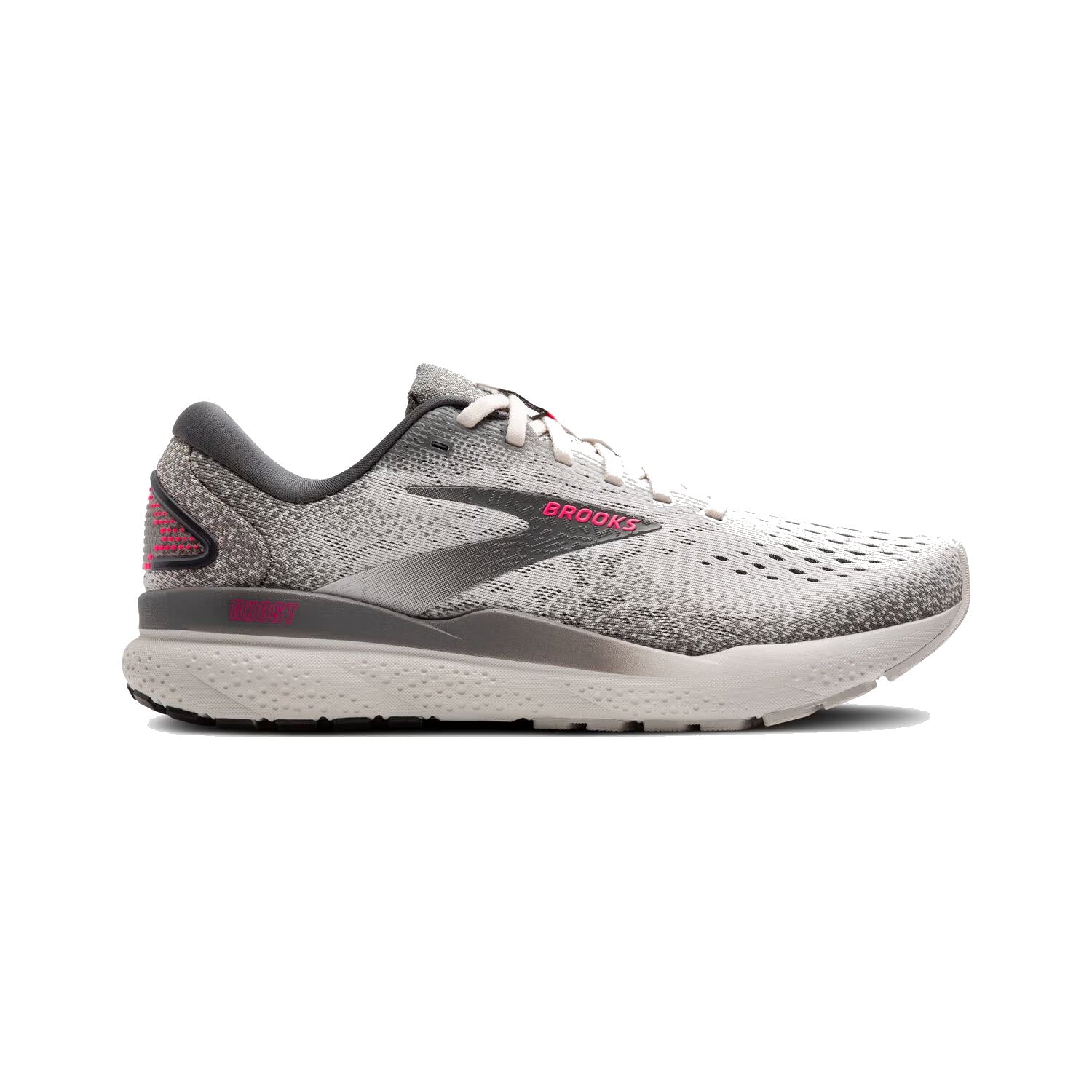 Side view of the BROOKS GHOST 16 women's athletic shoe in Grey/Gargoyle/Pink, showcasing a red "Brooks" logo on the side. The shoe features a gray and white sole designed for lightweight cushioning and a comfortable fit.