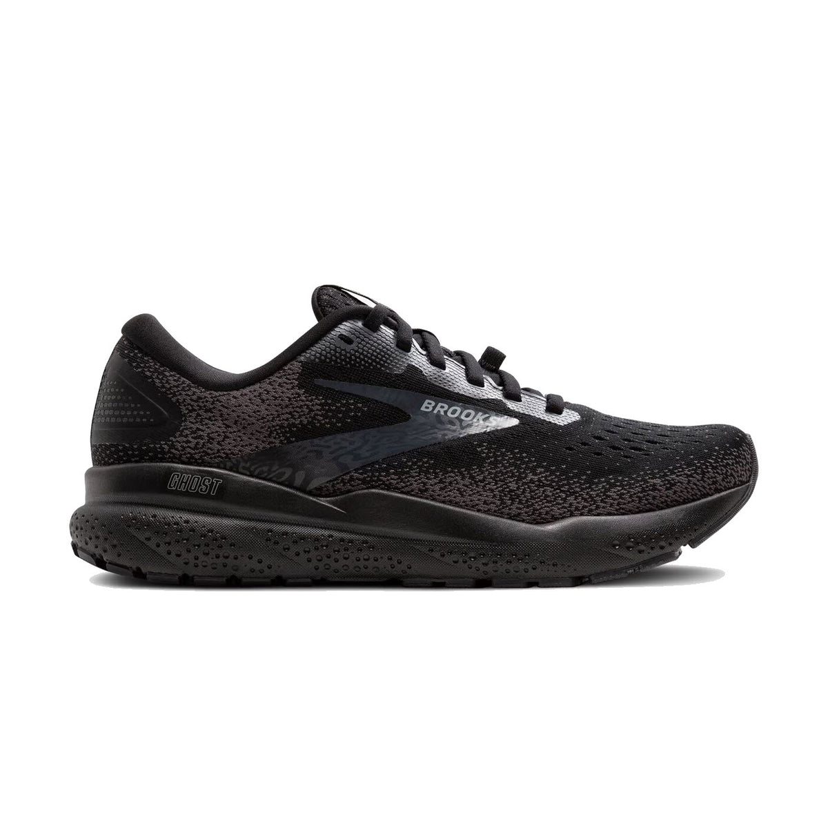 The BROOKS GHOST 16 GTX BLACK/BLACK/EBONY for women by Brooks features a lace-up front, breathable GORE-TEX, and a textured rubber sole.