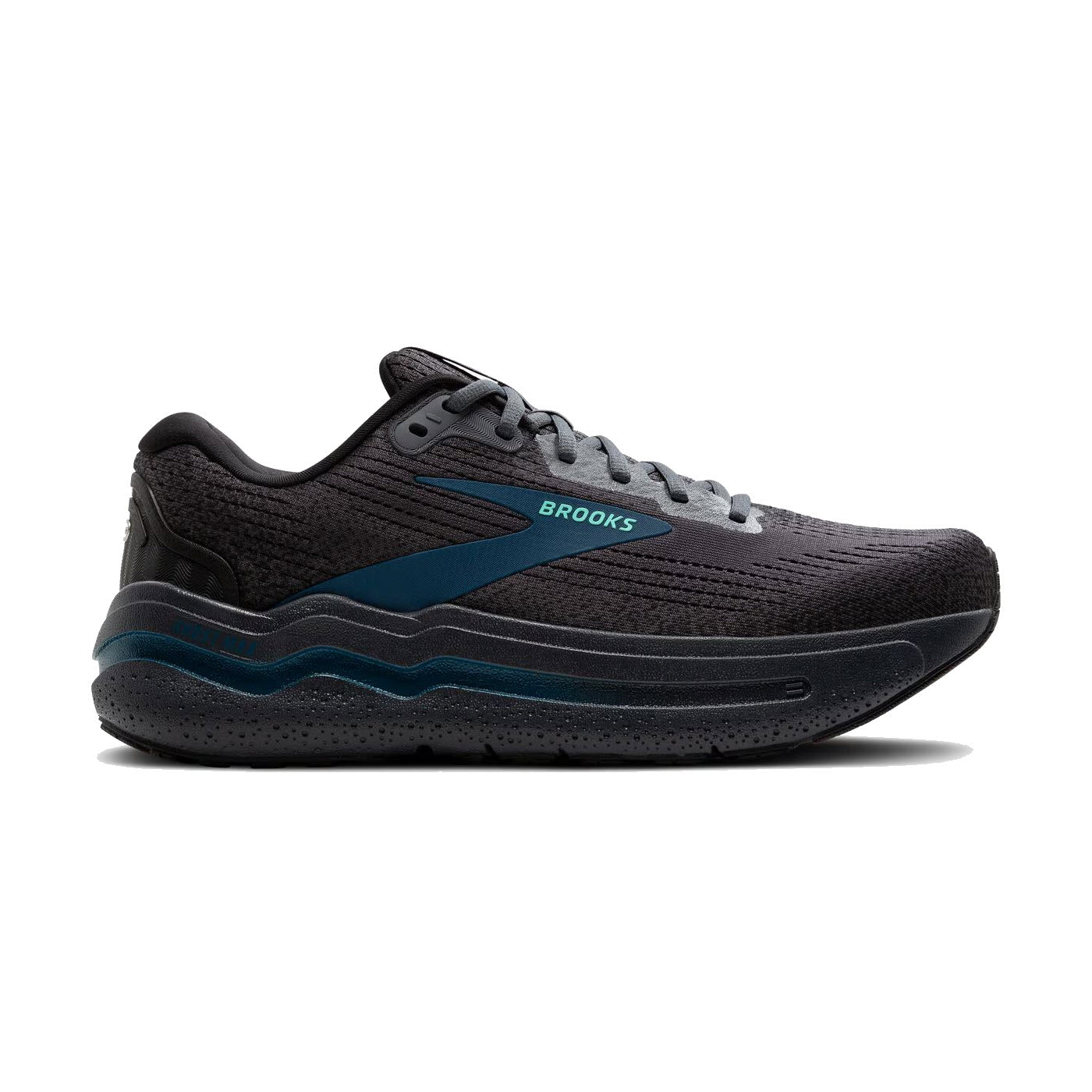 Profile view of the Brooks GHOST MAX 2 in Ebony/Cockatoo/Blue Sapphire. Labeled "Brooks" on the side, these men's road-running shoes feature a thick, contoured sole for maximum comfort and lightweight cushioning, perfect for long-distance runs.