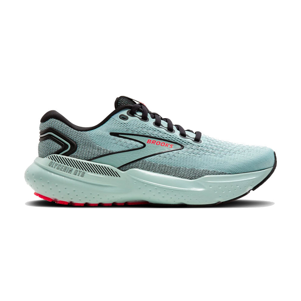 The BROOKS GLYCERIN GTS 21 in Cloud/Black/Pink for women by Brooks is a light blue running shoe accented in black and red. It features mesh fabric and DNA LOFT v3 cushioning, providing a plush experience that guarantees maximum comfort with every step.