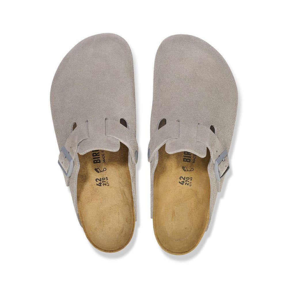 A pair of **BIRKENSTOCK BOSTON STONE COIN** slip-on sandals by **Birkenstock**, featuring grey suede with buckles and a contoured footbed, reminiscent of Boston clogs, viewed from above.