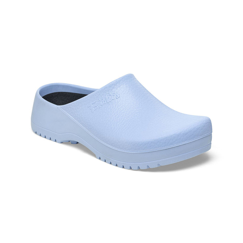 A light blue Birkenstock BIRKENSTOCK SUPER BIRKI DUSTY BLUE - WOMENS clog with a textured surface, fluid-resistant PU, and anatomic support from its ridged sole.