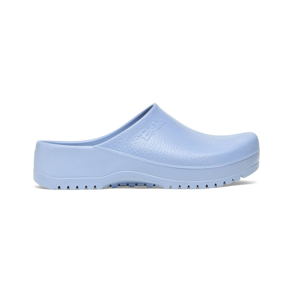 A light blue BIRKENSTOCK SUPER BIRKI DUSTY BLUE - WOMENS clog with a closed toe, anatomic support, and a textured, fluid-resistant PU sole by Birkenstock.