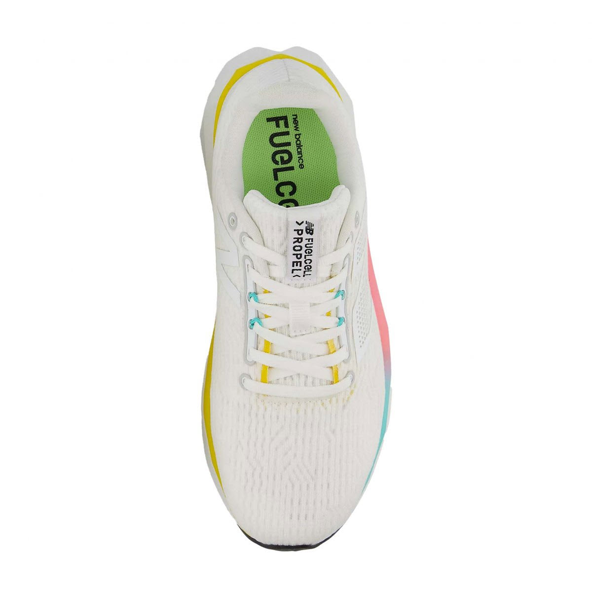 Top view of the New Balance Propel V5 women&#39;s running shoe in white with Cyber Jade and Ginger Lemon accents, featuring a green insole and blue and yellow shoelaces. The FuelCell midsole foam includes bio-based content.