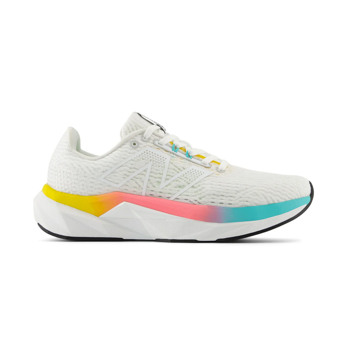 The New Balance Propel V5 White/Cyber Jade/Ginger Lemon women's running shoe features a textured white upper, a multicolored gradient midsole in shades of yellow, pink, and teal made from bio-based content, and a black outsole.