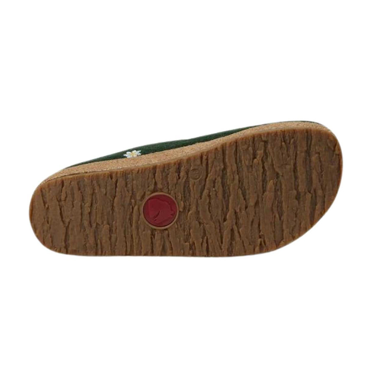 The image displays the sole of a Haflingers HAFLINGER MARGHERITA GREEN - WOMENS shoe, featuring a textured, wood-like pattern and a small red circular detail, ideal for those who value comfortable clogs.