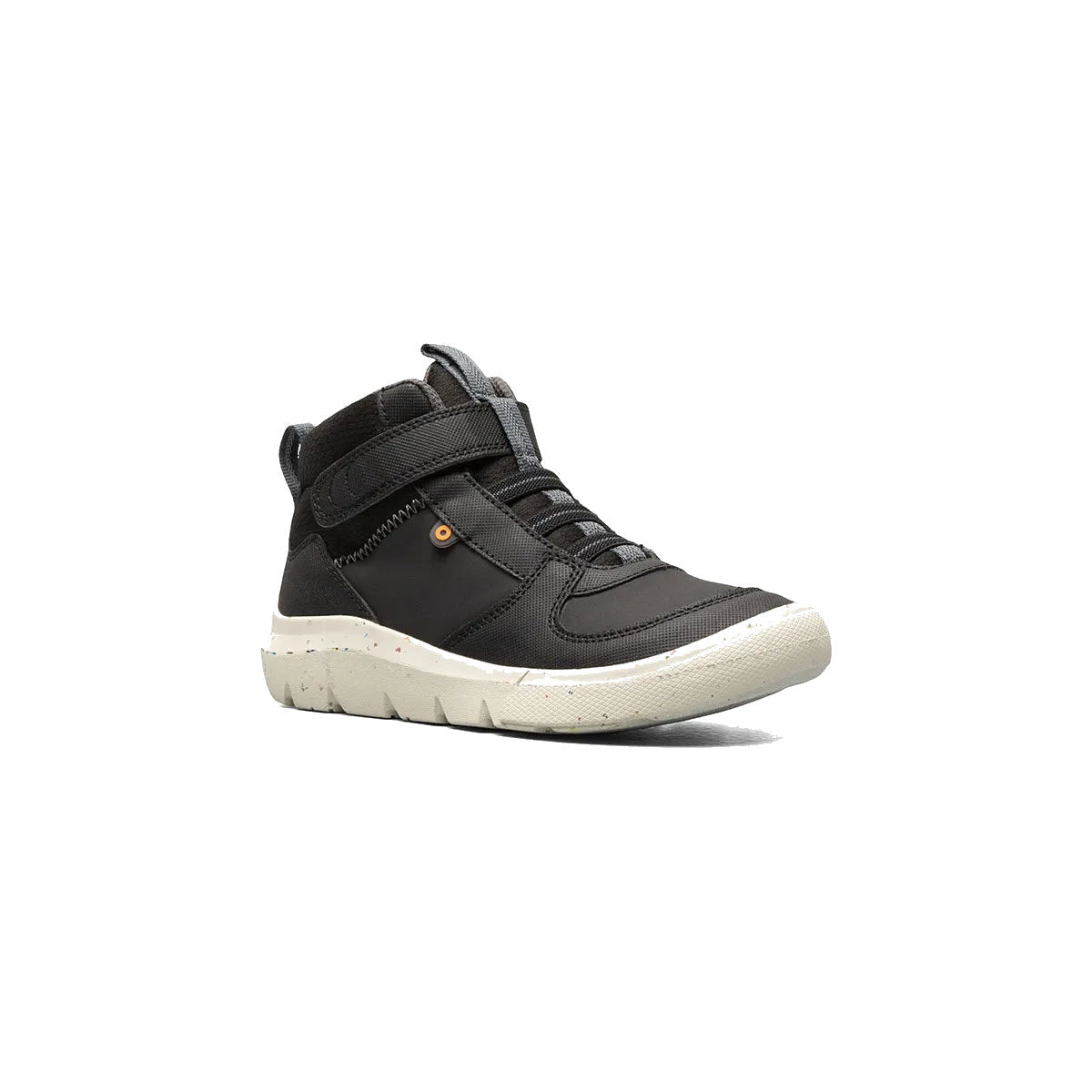 A single Bogs Skyline High Top Black - Kids shoe with a hook and loop closure and lace-up system, featuring a white speckled sole, viewed from a slight angle.