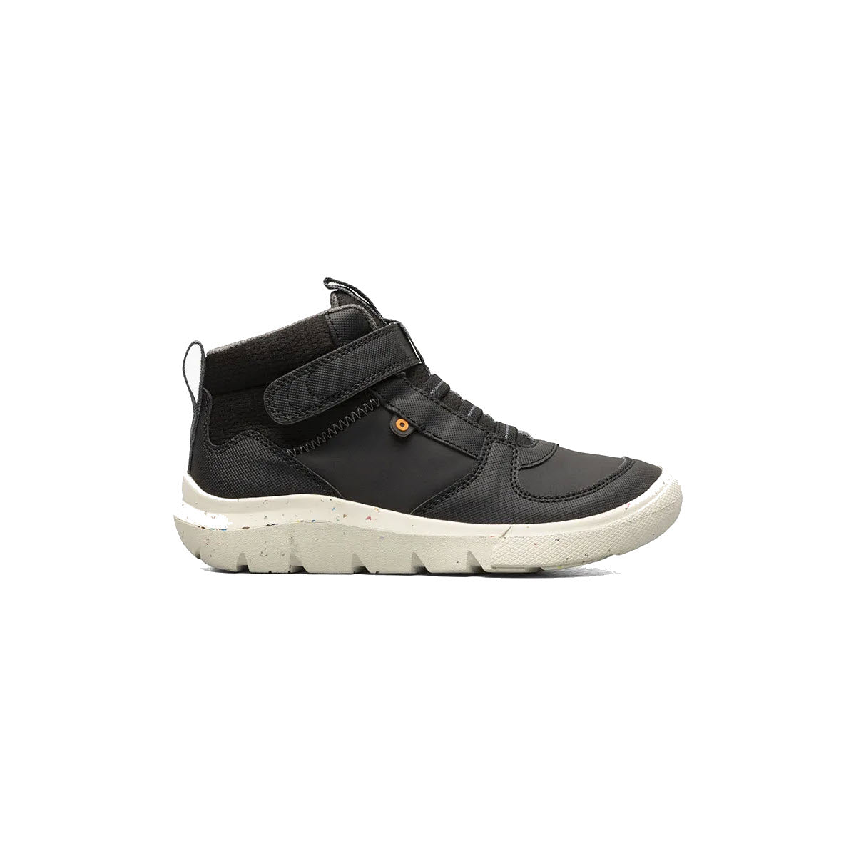 The Bogs Skyline High Top Black - Kids is a black high-top sneaker featuring a white sole and a water-resistant velcro strap across the top, designed for casual wear.