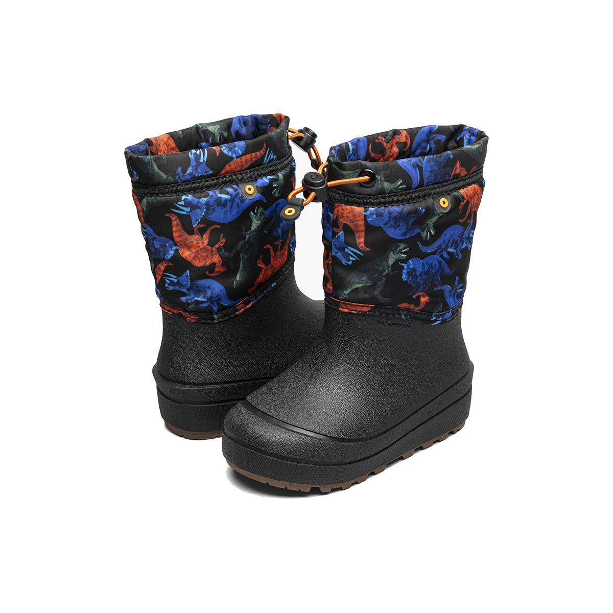 BOGS SNOW SHELL REAL DINO - KIDS by Bogs are children&#39;s black rain boots with dinosaur print cuffs, featuring a drawstring closure and rugged, durable soles.