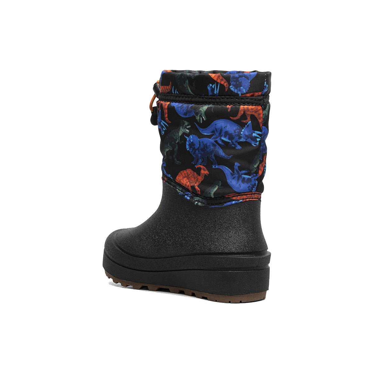 The BOGS SNOW SHELL REAL DINO - KIDS boots by Bogs are black winter boots with a multicolored dinosaur print on the upper section. They feature a drawstring closure and a rugged rubber sole for excellent traction. These durable kids&#39; snow boots provide both style and functionality for young adventurers.