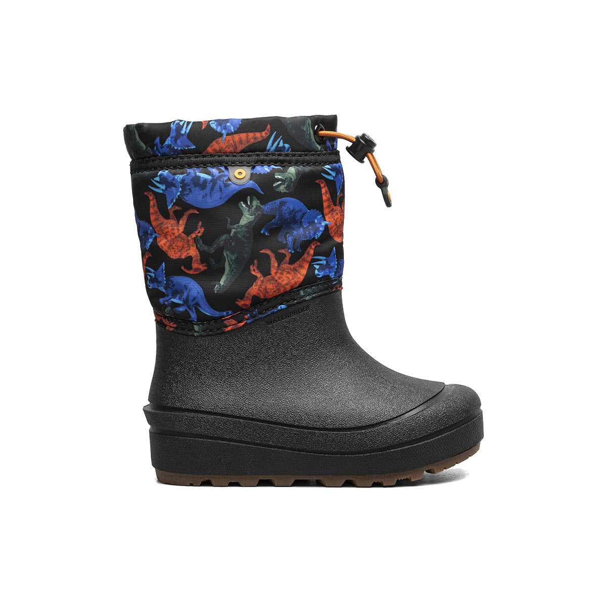 The BOGS SNOW SHELL REAL DINO - KIDS by Bogs is a black rubber boot featuring a colorful dinosaur print cuff, drawstring closure at the top, and a lugged sole, making it perfect for kids&#39; snow boots with reliable durability.