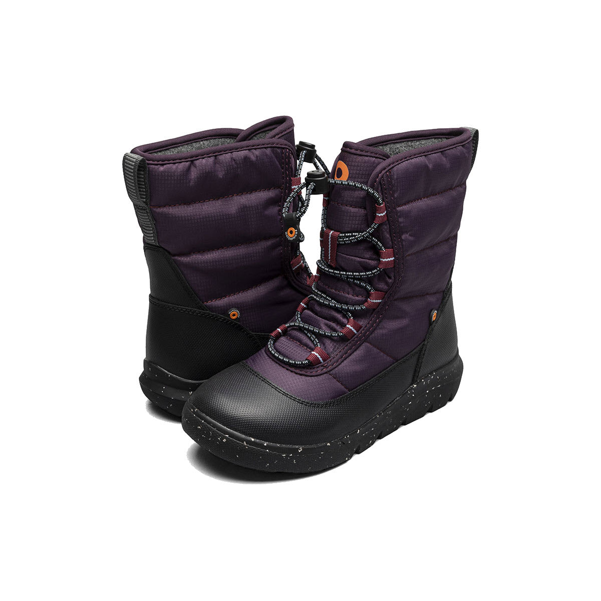 Introducing the BOGS SKYLINE SNOW PLUM - KIDS by Bogs: a stylish pair of plum-colored insulated winter boots featuring black toe caps, durable rubber soles, vibrant orange accents, and elastic drawstring laces – perfect for keeping little feet warm and having fun in cold weather.