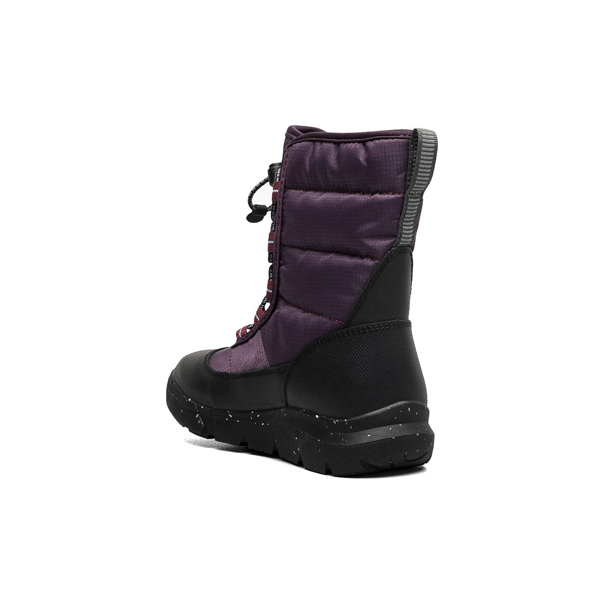 Side view of a single Bogs Skyline Snow Plum insulated winter boot for kids, featuring a dark purple and black design with a rubber sole, perfect for fun in cold weather.