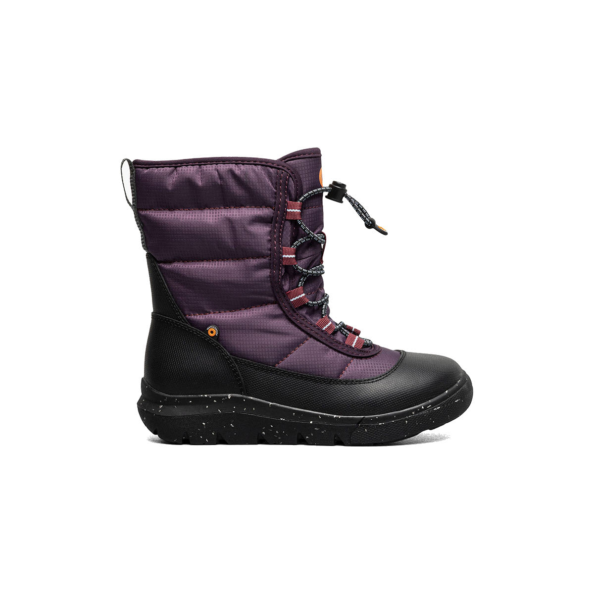 The Bogs SKYLINE SNOW PLUM - KIDS is a single winter boot in purple and black with a quilted design, featuring laces and a rugged sole, making it perfect for fun in cold weather.