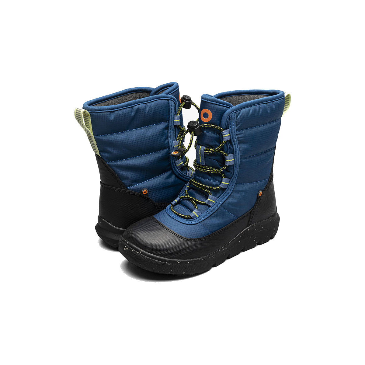 The BOGS SKYLINE SNOW COBALT - KIDS from Bogs are a pair of blue and black insulated winter boots with green laces and pull tabs, perfect for braving any weather.