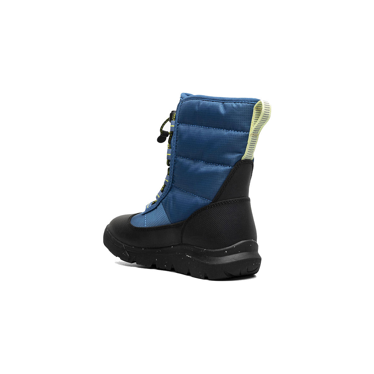 The Bogs Skyline Snow Cobalt - Kids is a blue and black winter boot featuring a thick sole, lace-up front, and a green pull-tab at the back, shown from the side. It&#39;s perfect for tackling harsh weather conditions.