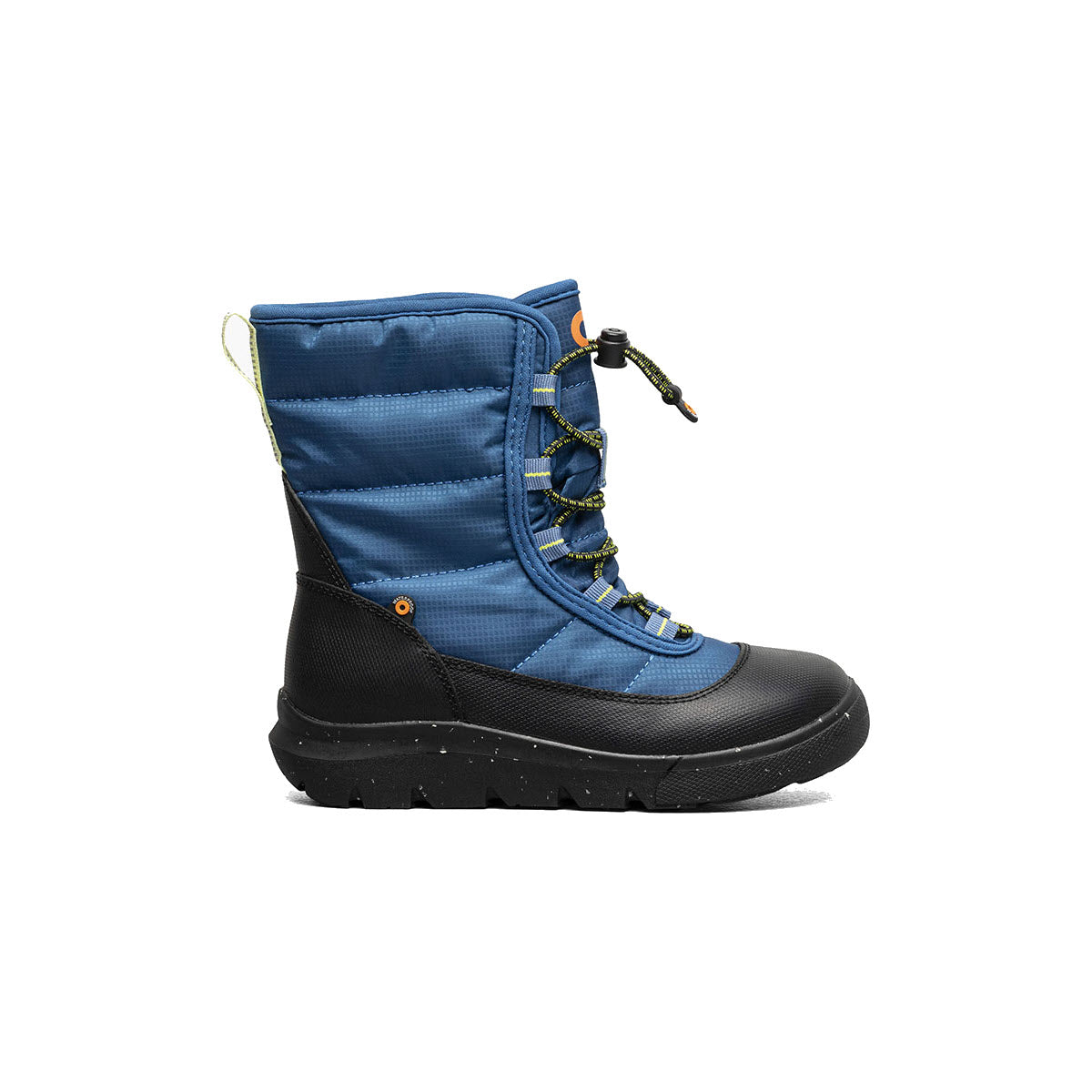 The BOGS SKYLINE SNOW COBALT - KIDS from Bogs is a fun, single blue winter boot with black accents, featuring a thick sole, lace-up front, and green pull tab at the back—perfect for all your snowy adventures.