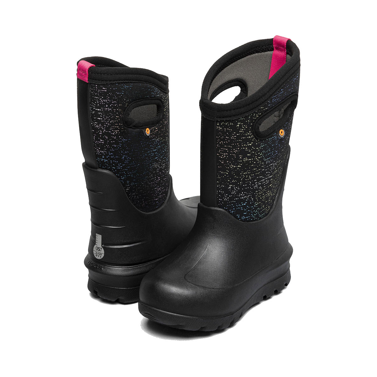 A pair of BOGS NEO-CLASSIC METALLIC FLECK - KIDS black waterproof winter boots from Bogs, featuring textured upper panels, pull handles, a pink interior lining, and added cushioning for extra comfort.