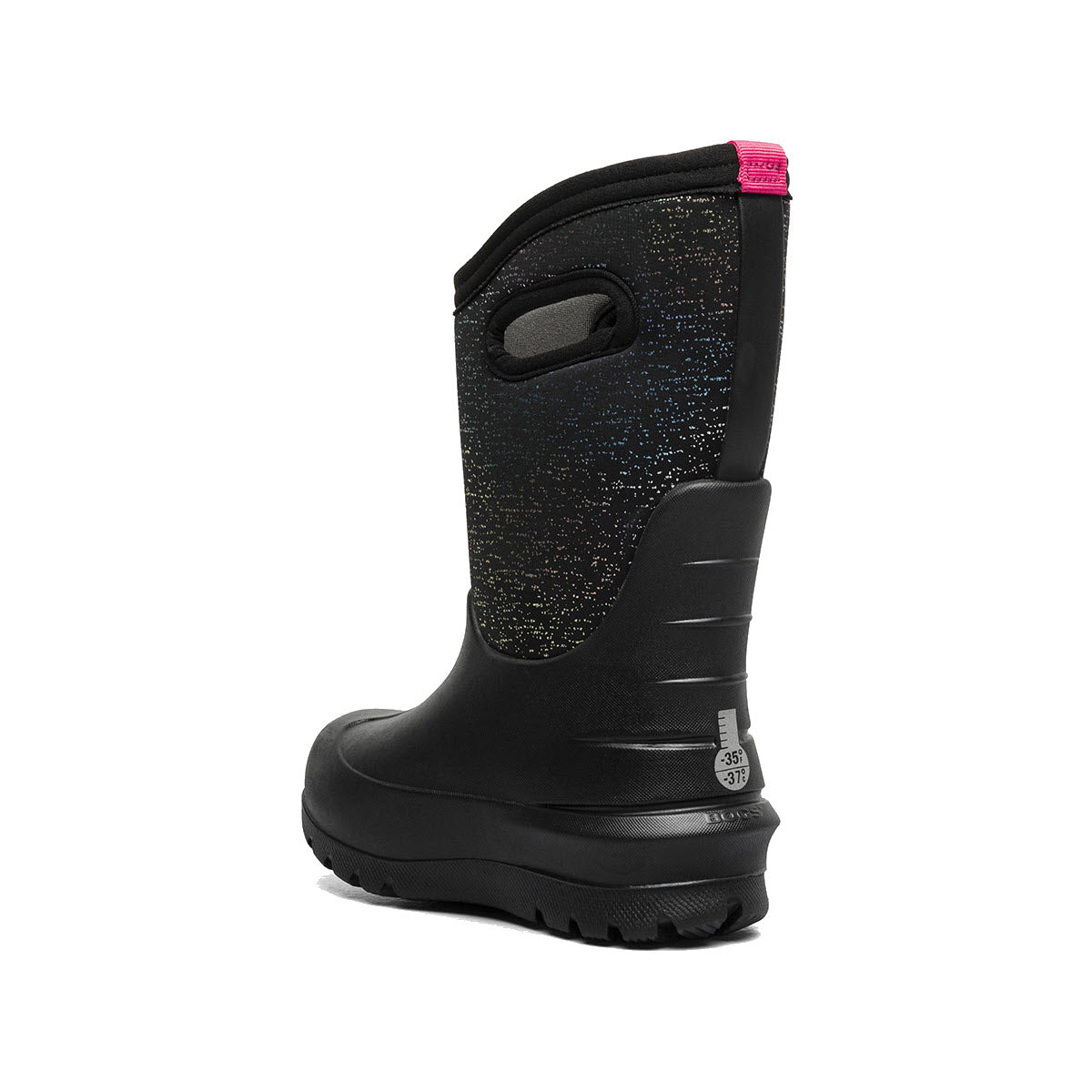 The BOGS NEO-CLASSIC METALLIC FLECK - KIDS boot by Bogs features a black waterproof design with a textured upper, a pink pull tab at the back, and a handle hole for easy wear. It is cushioned for added comfort.