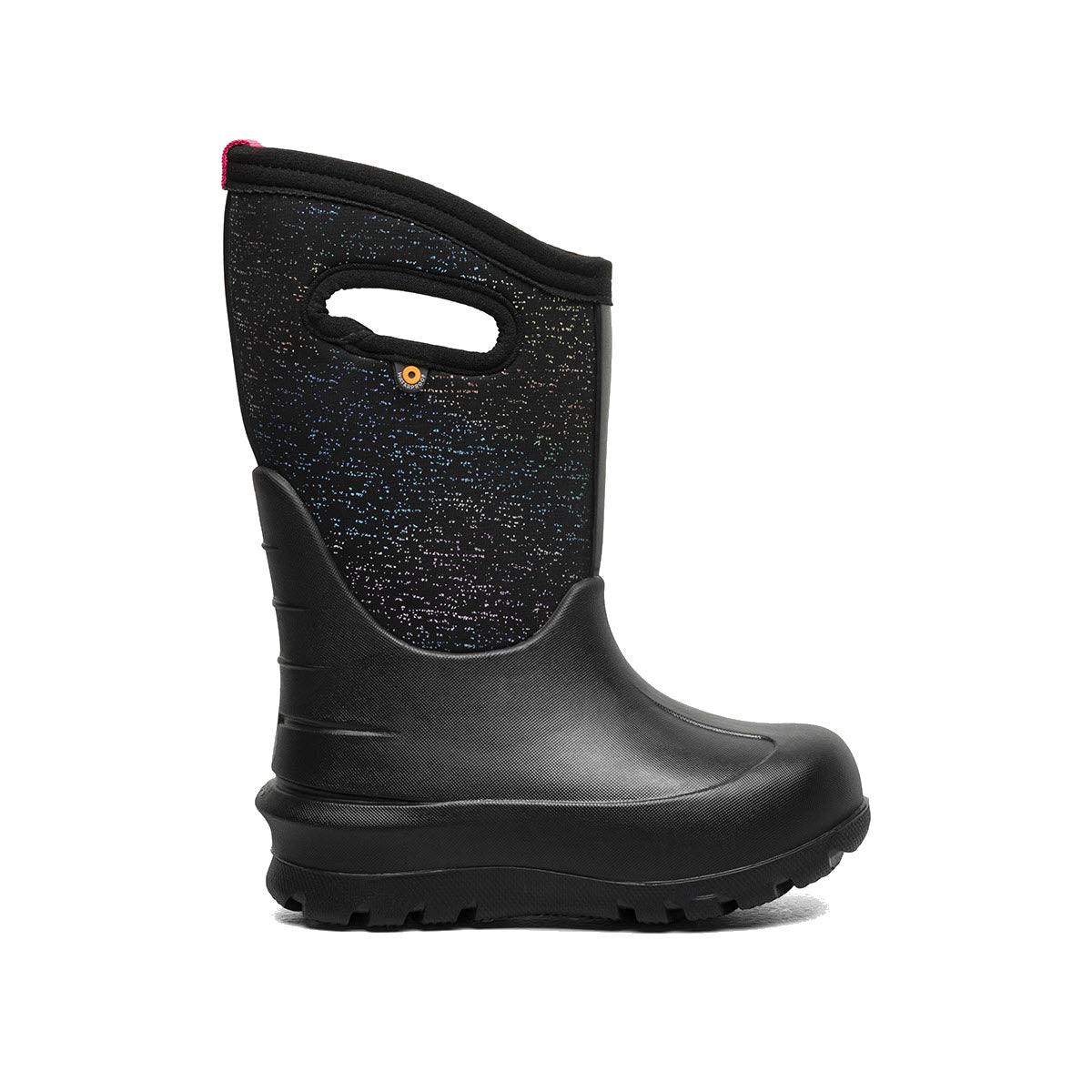 The BOGS NEO-CLASSIC METALLIC FLECK - KIDS by Bogs is a single black rubber boot with a textured upper section, a side handle for easy carrying, and a waterproof design for added comfort.