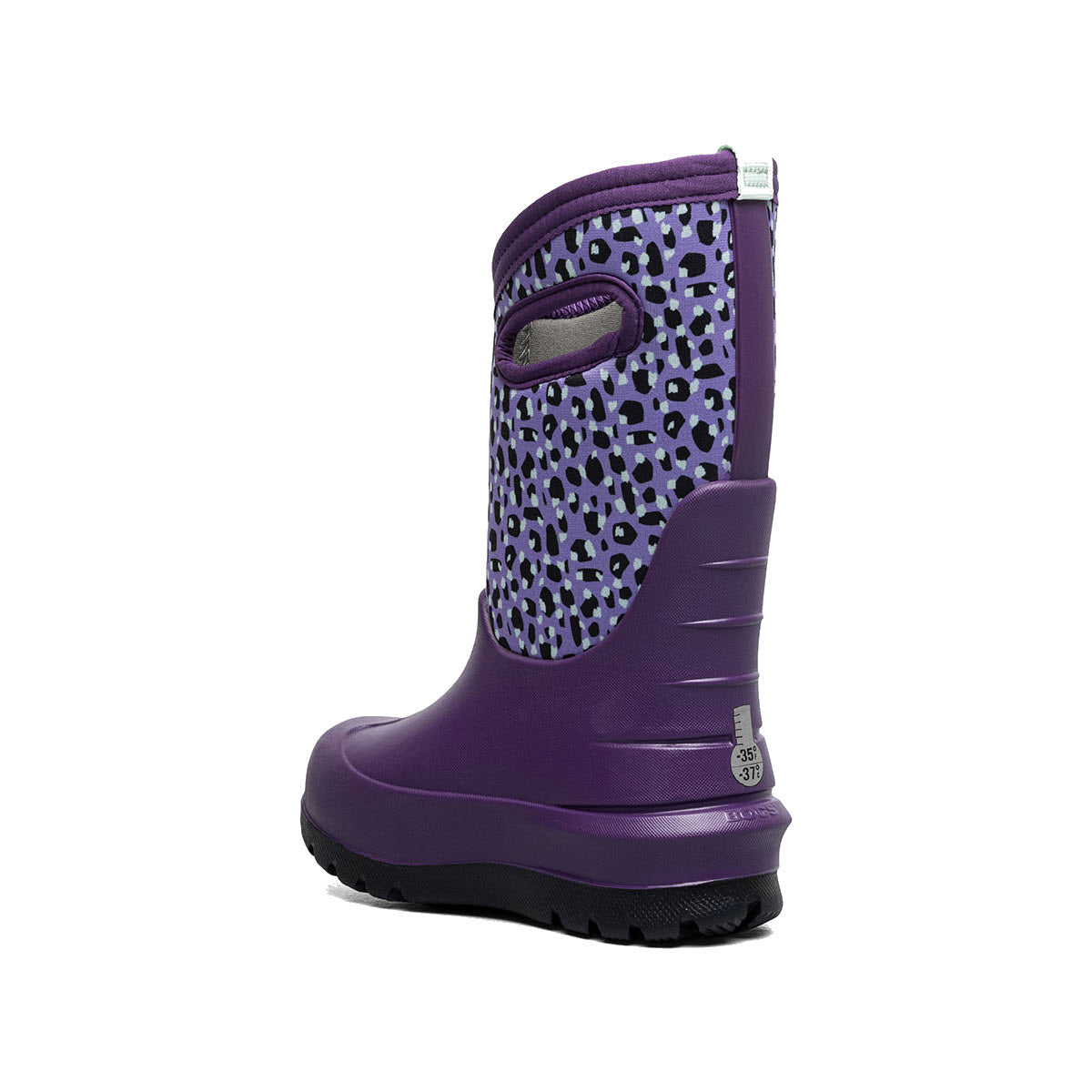 The BOGS NEO-CLASSIC JOYFUL JUNGLE - KIDS by Bogs is a purple rubber boot with a black sole and a handle on the side, featuring a stylish black and white leopard print pattern. This boot is 100% waterproof and includes rebound cushioning for added comfort.