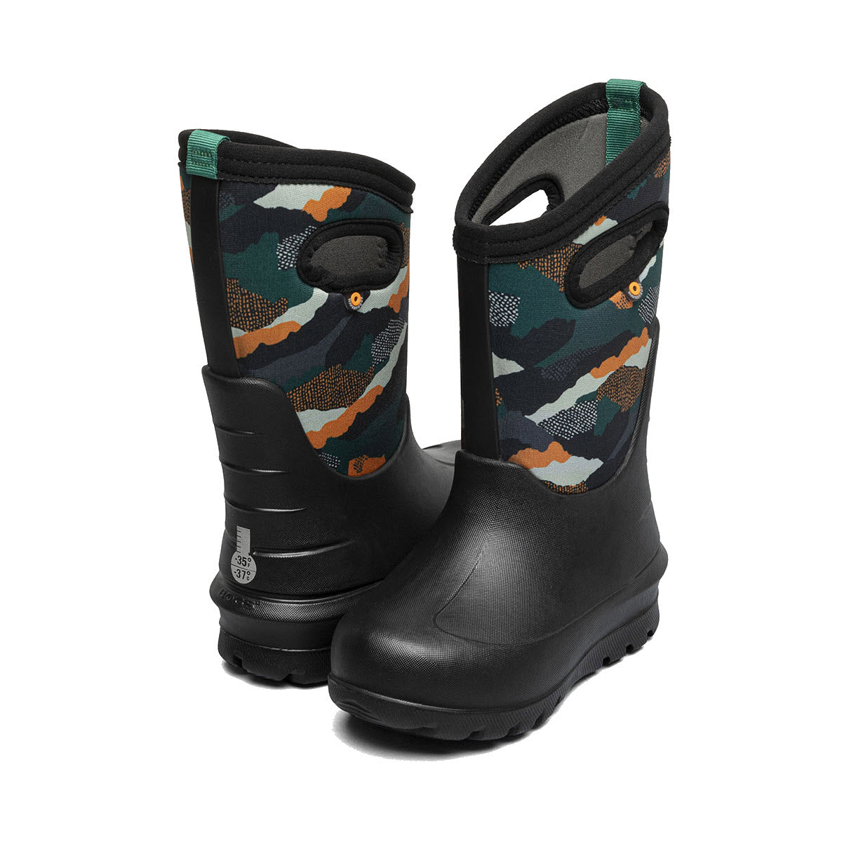 The Bogs NEO-CLASSIC CAMO LANDSCAPE - KIDS is a pair of black rubber boots with a green, black, and brown camouflage pattern on the upper section. They feature side handles for easy wearing and a waterproof design for added comfort.