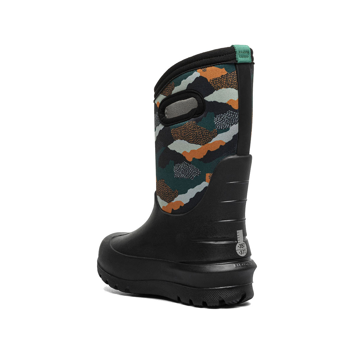 A single BOGS NEO-CLASSIC CAMO LANDSCAPE - KIDS waterproof boot from Bogs, with a black sole and green, brown, and black camouflage pattern. The boot features a handle for easy carrying and offers excellent comfort with every step.