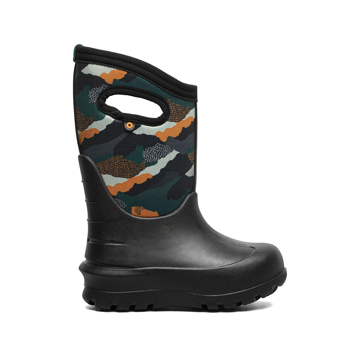 The BOGS NEO-CLASSIC CAMO LANDSCAPE - KIDS by Bogs is a black waterproof boot with a camo print upper section and side handle cutouts for easy transport, designed for ultimate comfort and energy return.