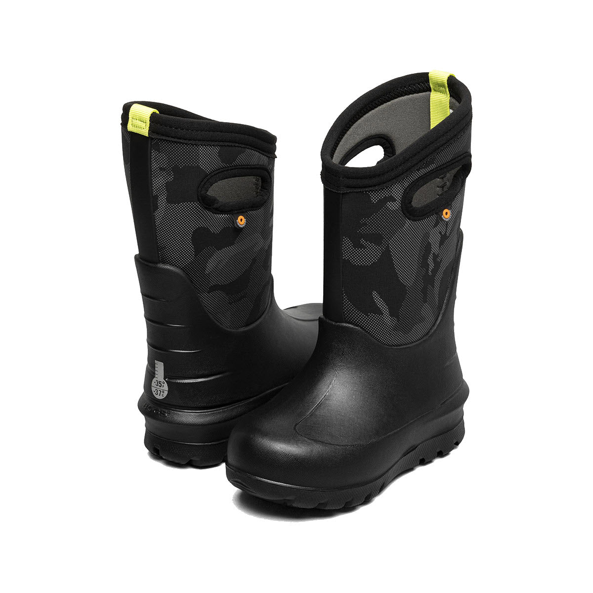 The BOGS NEO-CLASSIC METALLIC CAMO - KIDS from Bogs are black rubber boots with a gray camouflage pattern. They feature handles on the sides and a yellow interior lining, providing waterproof protection and rebound cushioning for extra comfort.