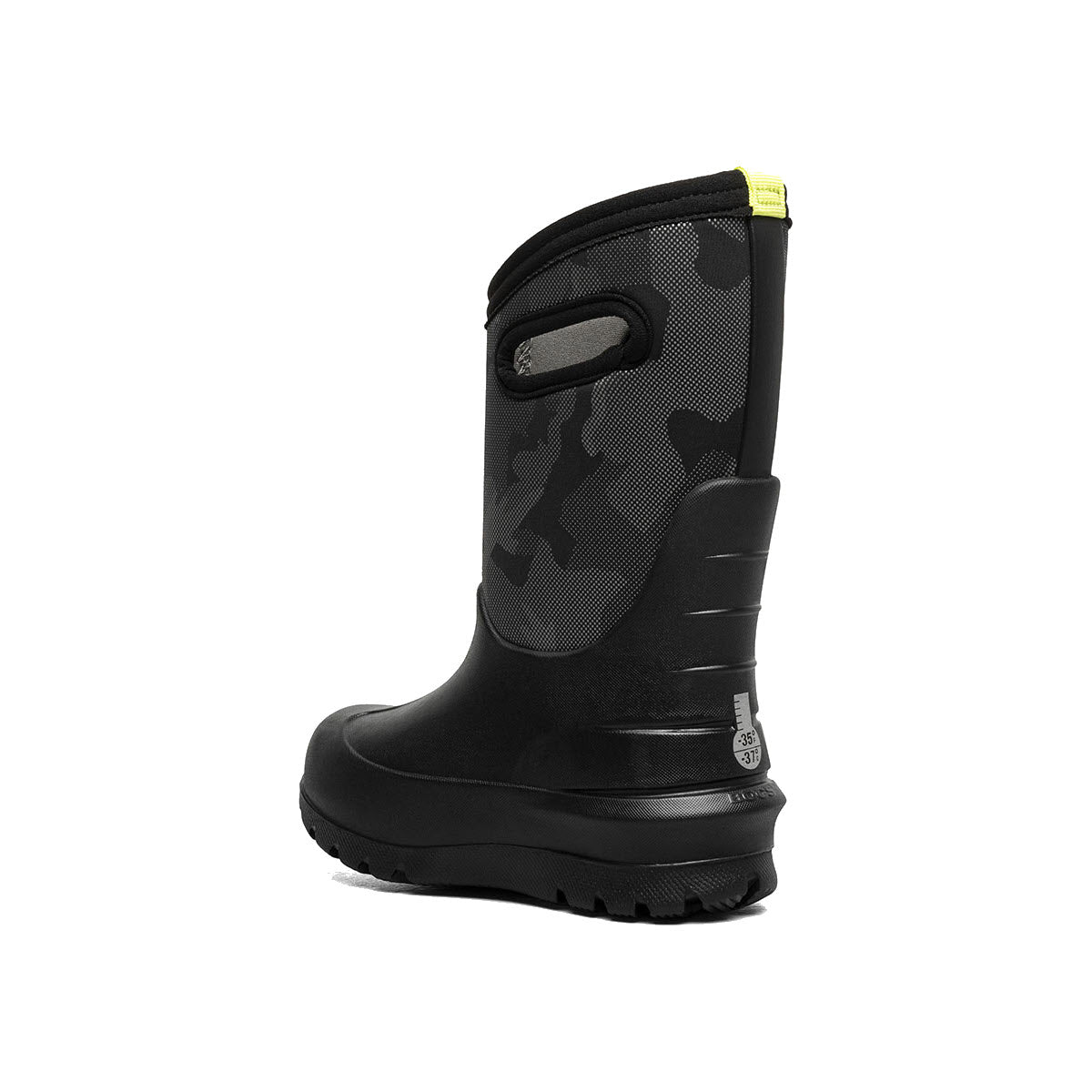 The Bogs NEO-CLASSIC METALLIC CAMO - KIDS is a black rubber boot with a camo-patterned upper section, featuring rebound cushioning for added comfort, and a yellow pull tab at the back.