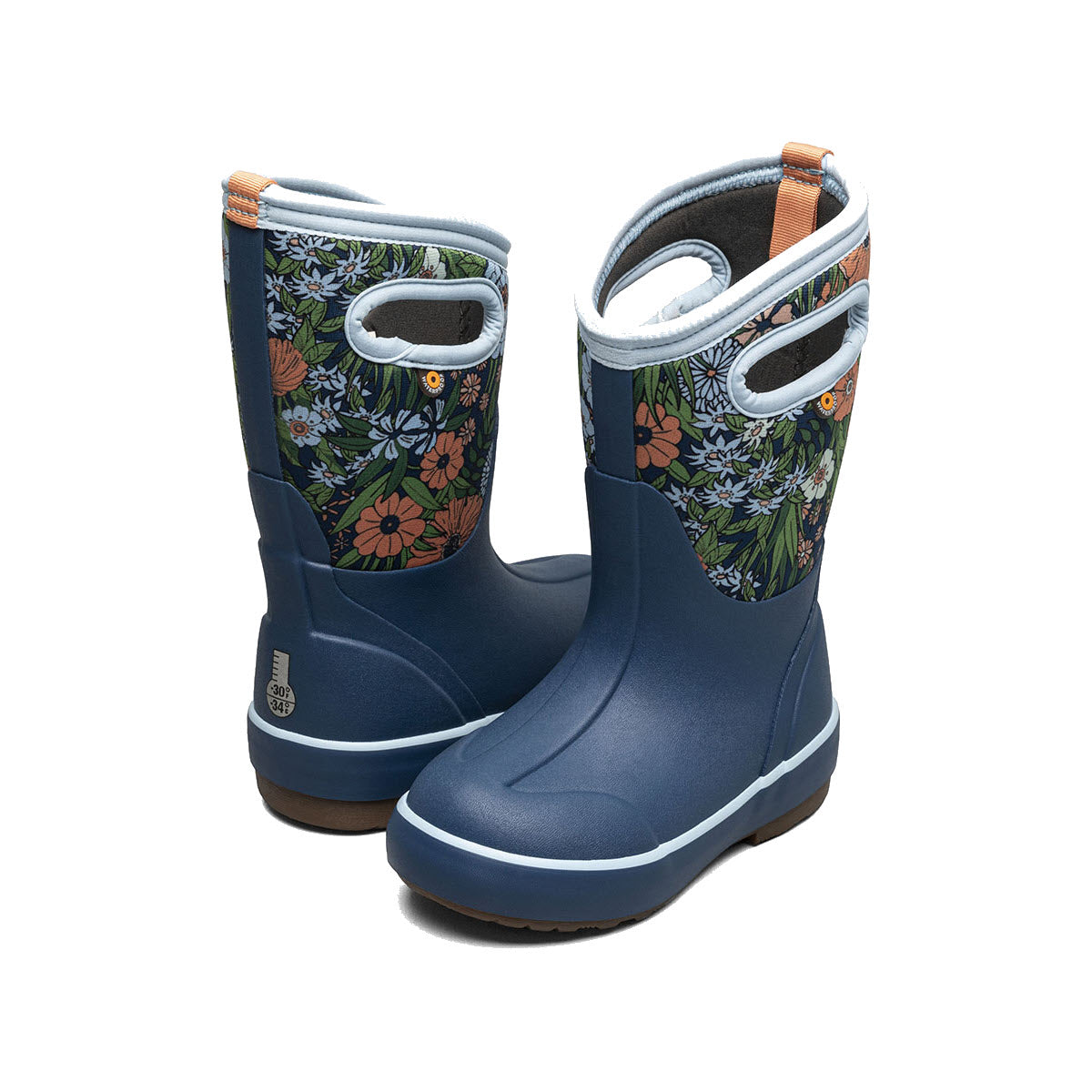 Here&#39;s a rewrite incorporating the given product data:

The Bogs Classic II Vintage Floral - Kids are dark blue rubber boots featuring a vibrant floral pattern on the upper part and brown outsoles designed for enhanced traction. These boots have cut-out handles near the top for easy carrying and promote natural foot movement.