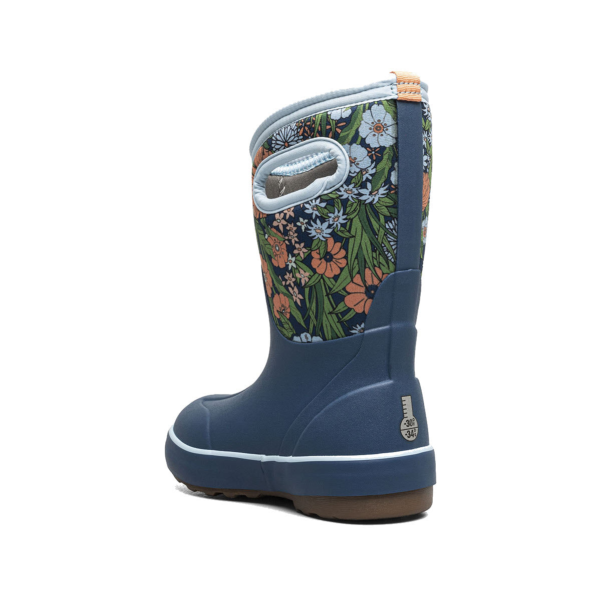 The Bogs Classic II Vintage Floral - Kids, a single blue boot adorned with floral patterns and featuring cut-out handles on the sides, is shown from the back and designed to promote healthy foot growth.