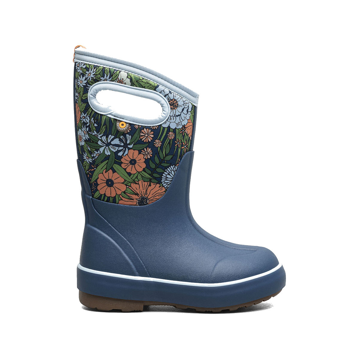 Introducing the Bogs Classic II Vintage Floral - Kids, a charming blue rain boot adorned with a floral pattern on the upper shaft. This stylish boot features a built-in handle for easy carrying and excellent traction to ensure safe steps. Designed to support natural foot movement, it offers both style and flexibility for active children.