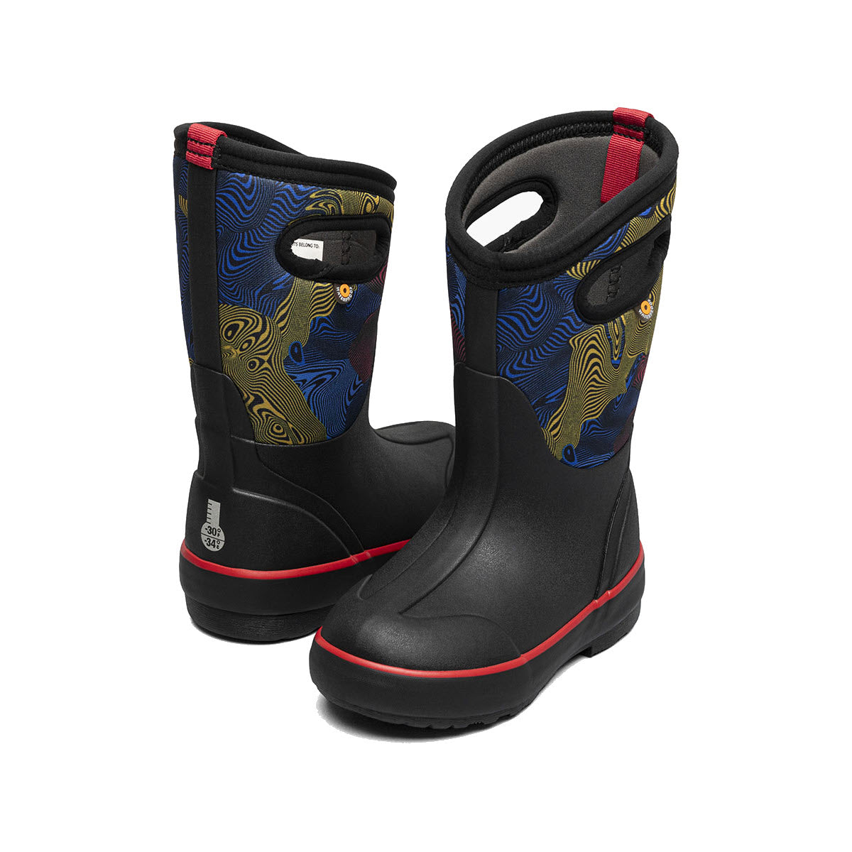 A pair of BOGS CLASSIC II WARPED STRIPES - KIDS rain boots from Bogs, featuring multicolored abstract patterns on a black background, side handles for easy carrying, red accents on the top and sole, and excellent traction for safe adventures.