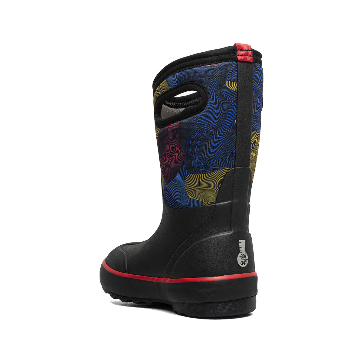 The BOGS CLASSIC II WARPED STRIPES - KIDS by Bogs is a single multicolored rain boot with a black base, red accents, and abstract patterns. It features a pull handle at the top and a label on the heel, offering traction and flexibility for healthy foot growth.