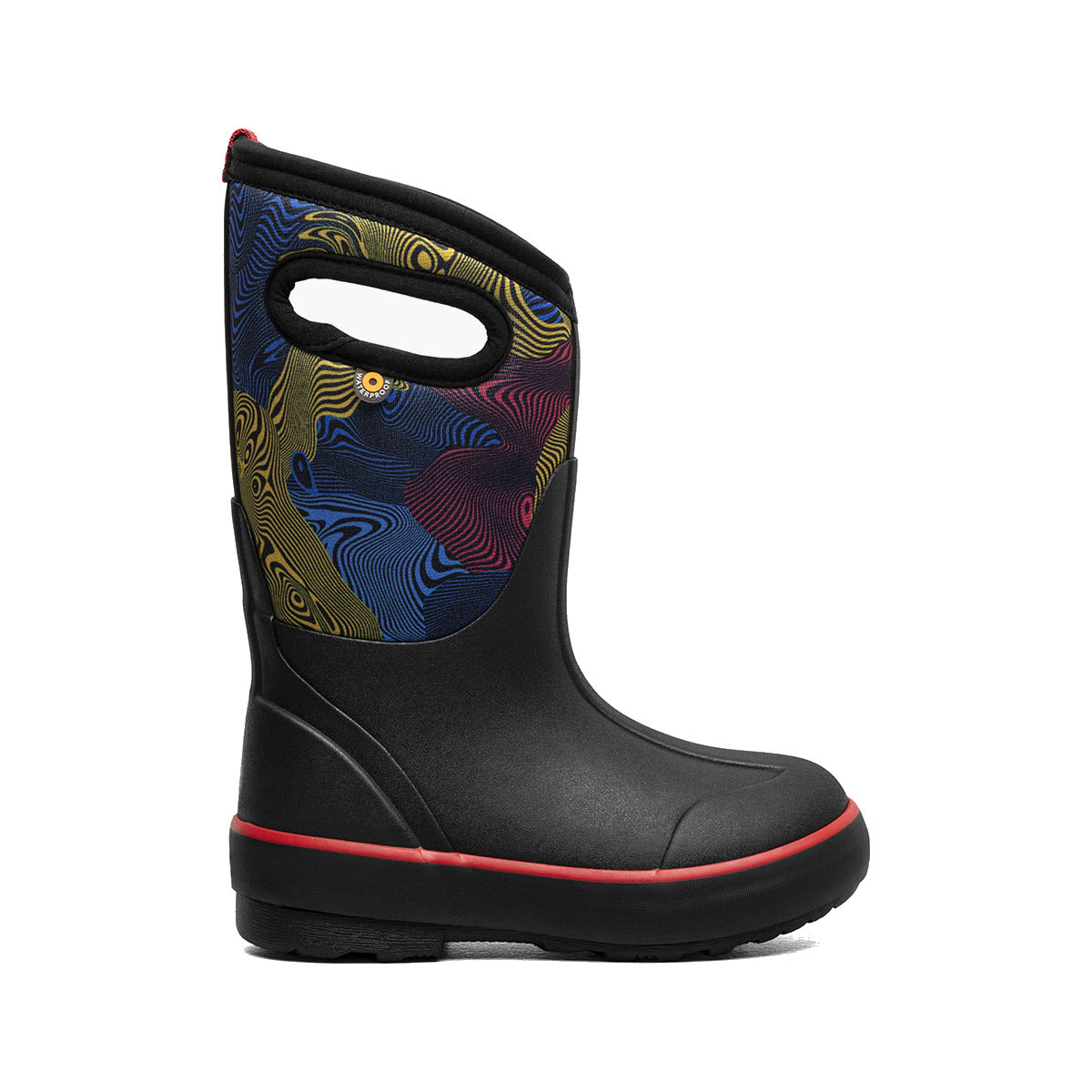 The BOGS CLASSIC II WARPED STRIPES - KIDS by Bogs is a black rain boot with a colorful, abstract patterned upper and red trim around the sole, featuring cut-out handles near the top. This boot offers excellent traction and optimal flexibility for healthy foot growth.