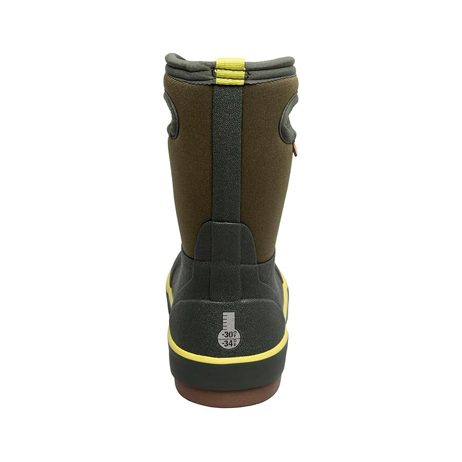 Rear view of the BOGS CLASSIC II SOLID DARK GREEN kids&#39; boot by Bogs. The green and brown boot features yellow accents and displays a size marking on the heel. Designed for better traction, these boots promote healthy foot growth.