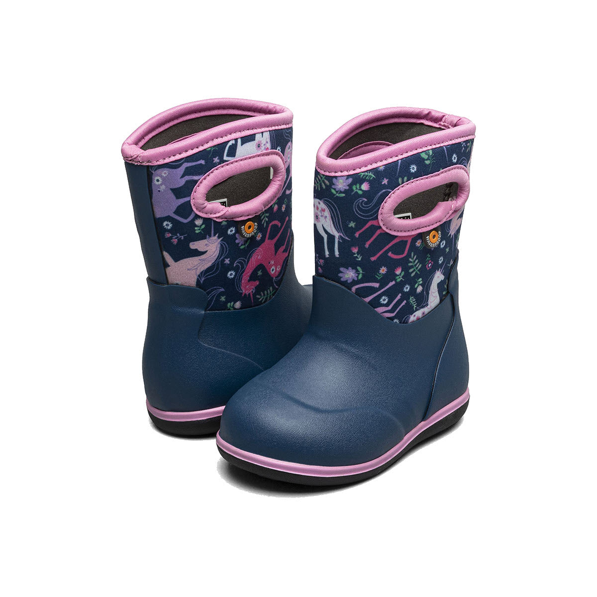 The Bogs Baby Classic Unicorn Meadow - Kids are ultra-lightweight, waterproof blue and pink children&#39;s rain boots adorned with animal prints and built-in handles for easy wearing, making them perfect for any toddler-ready adventure.