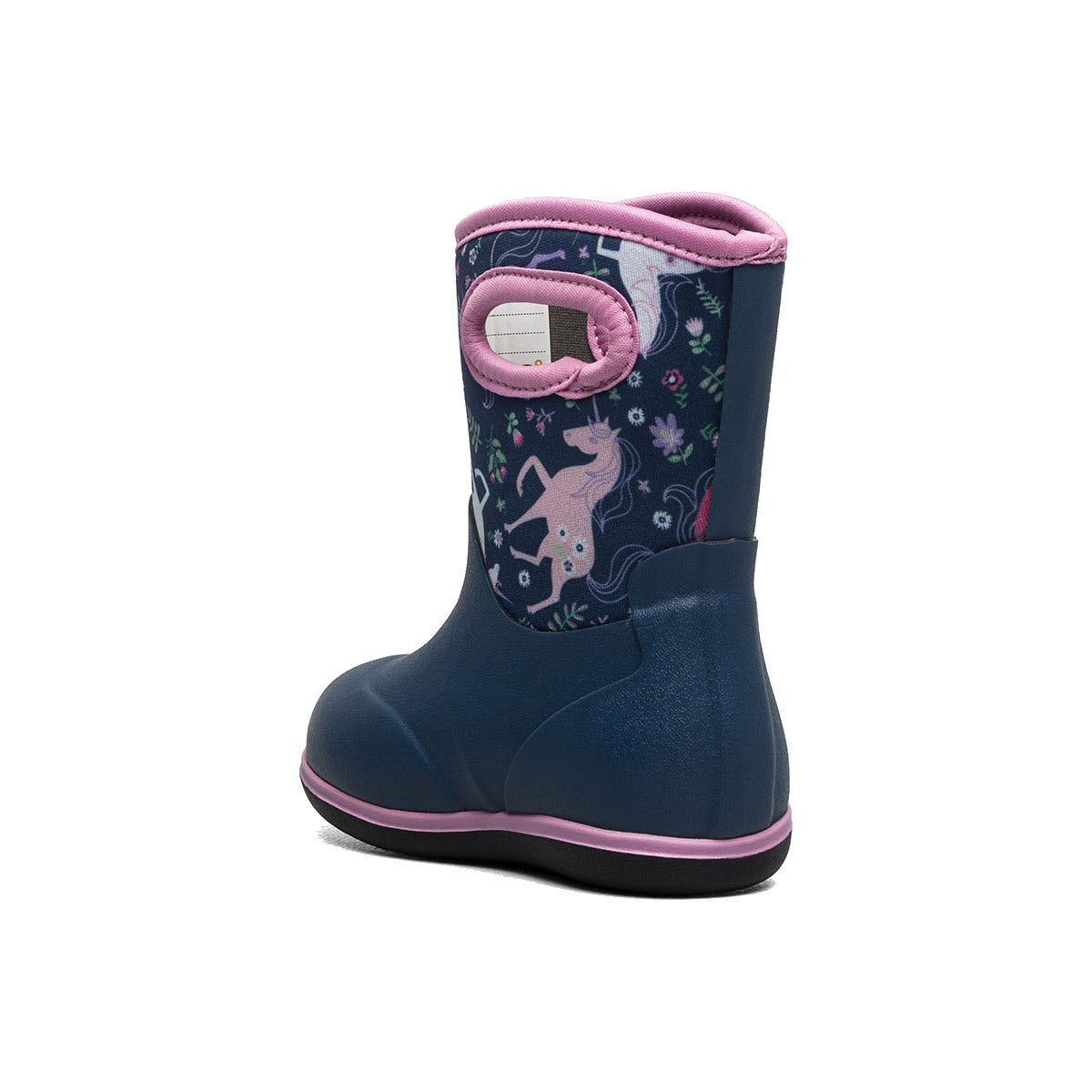 The BOGS BABY CLASSIC UNICORN MEADOW - KIDS by Bogs is a single navy blue rubber boot featuring a handle, adorned with unicorn and floral designs on the sides. It has a pink trim around the top and bottom edges and is ultra-lightweight for easy wear. This waterproof boot is perfect for keeping little feet dry and ready for any toddler adventure.